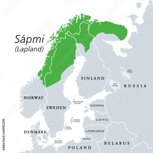 Sapmi, Lapland, gray political map. Cultural region in Northern and Eastern Europe, including the northern parts of Fennoscandia, stretching over the four countries Norway, Sweden, Finland and Russia. photo