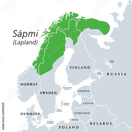 Sapmi, Lapland, gray political map. Cultural region in Northern and Eastern Europe, including the northern parts of Fennoscandia, stretching over the four countries Norway, Sweden, Finland and Russia.