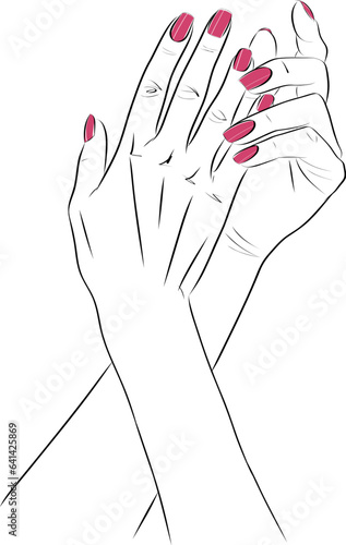 Beautiful woman hand with long red nails manicure, nail polish salon
