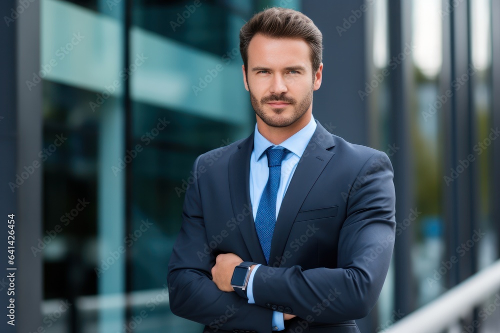Attractive Happy wealthy rich successful business man standing in big city modern skyscrapers street thinking of successful future vision, dreaming of new investment opportunities. Attractive Happy wealthy rich successful business man standing in big city modern skyscrapers street thinking of successful future vision, dreaming of new investment opportunities.