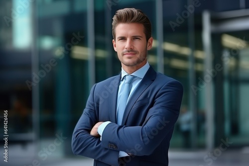 Attractive Happy wealthy rich successful business man standing in big city modern skyscrapers street thinking of successful future vision, dreaming of new investment opportunities.