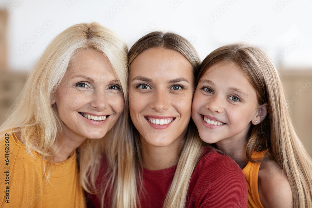 Positive caucasian family girl, woman and granny, closeup portrait Positive caucasian family girl, woman and granny, closeup portrait