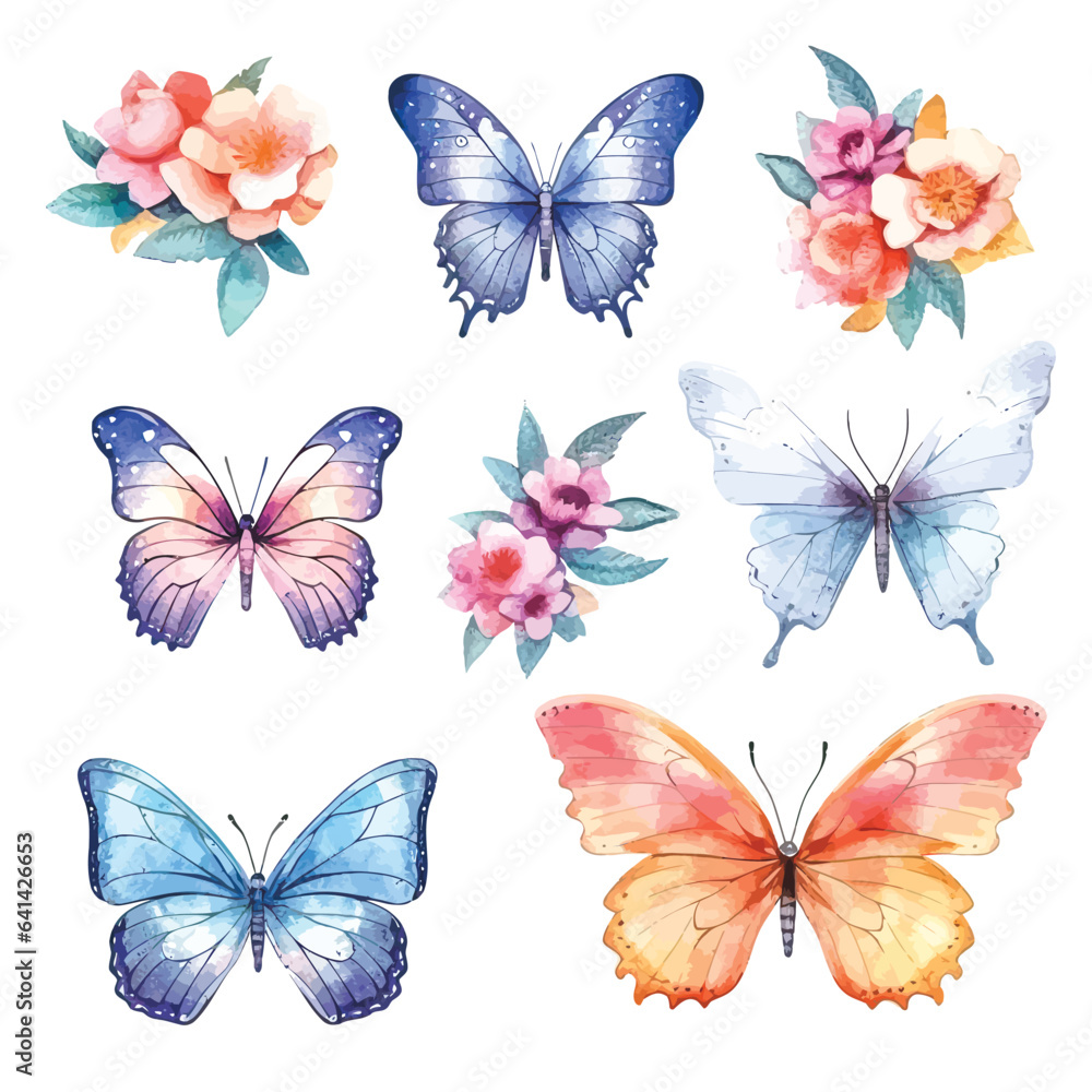 Obraz premium Whimsical Butterfly Dance: Watercolor Colorful Set on Clean White