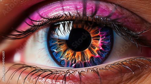 Capture the mesmerizing details of the human eye in HDR. A vivid, glowing display of warm and bright colors that defy reality. Generative AI.
