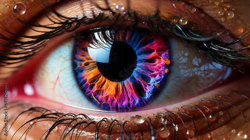 Immerse in the intricate beauty of a human eye in stunning HDR. This macro shot reveals vibrant, glowing, warm, and bright colors. Generative AI.Keywords: