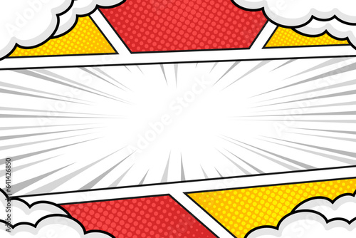 Red and yellow pop art comic book background with clouds
