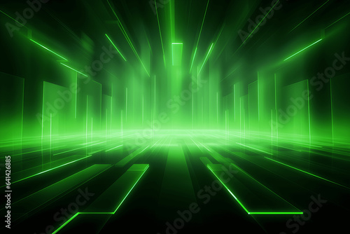 Abstract neon green background, cyber space, parallel universe, lines, stripes, glow. AI generated