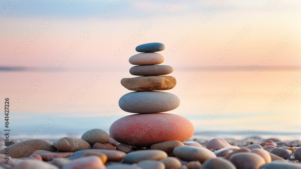 Zen stone tower with peaceful sea and sky bokeh