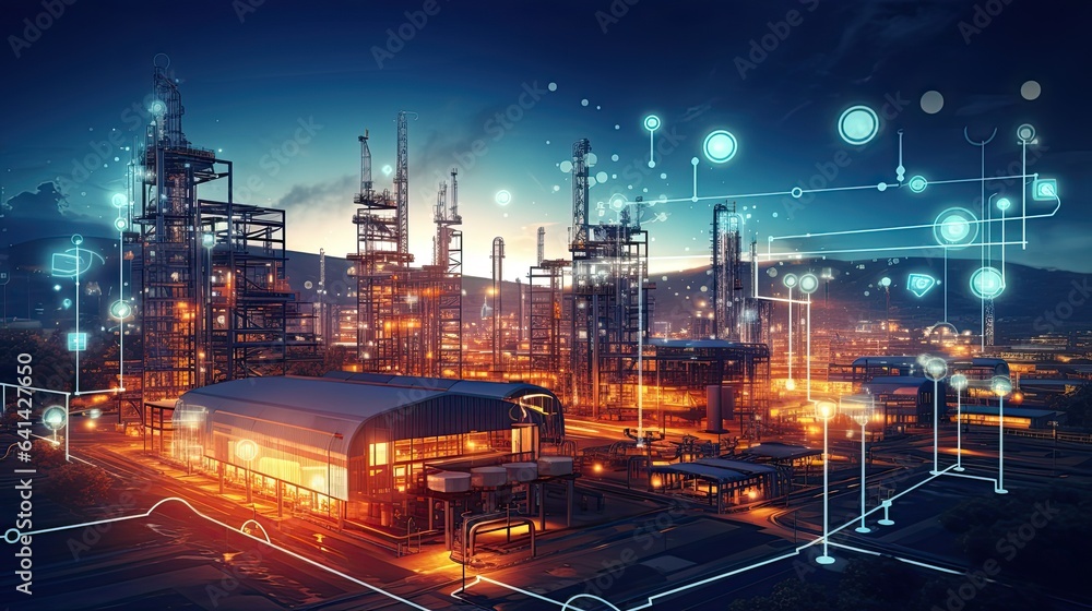 Modern factory, communication network. Telecommunication. IoT, Internet of Things, ICT, Information communication Technology,. Smart factory. Digital transformation, cloud connecting, generate by AI Modern factory, communication network. Telecommunication. IoT, Internet of Things, ICT, Information communication Technology,. Smart factory. Digital transformation, cloud connecting, generate by AI