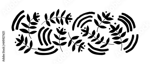 Abstract silhouettes leaves and branches isolated on white. Hand drawn black brush painted branches with rounded lines collection. Eucalyptus, basil or olive modern vector clip arts. 