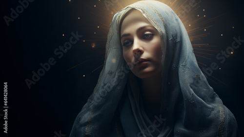 Woman in image Virgin Mary Mother of Jesus Christ in holy light. Portrait of young woman in veil in rays of the sun. Mother of God, Biblical motif.The Assumption of the Blessed Virgin Mary, August 15