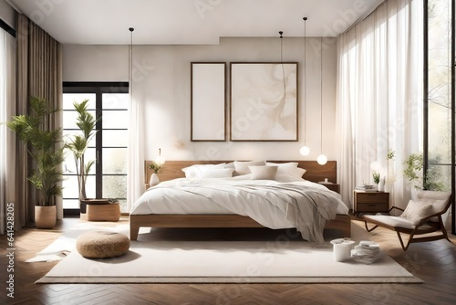 An inviting bedroom with wooden accents and calming decor  where a white canvas frame for a mockup adds an element of artistic elegance. 