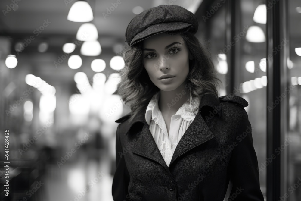 Black and white portrait of cute stylish girl in coat and beret on background of boutique. Black and white portrait of cute stylish girl in coat and beret on background of boutique.