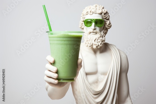 Sculpture of the greek god Dionysus wearing green sunglasses with a smoothie glass on a white background.