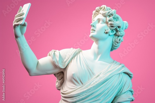 Antique greek sculpture with smartphone in hand on pink background. photo