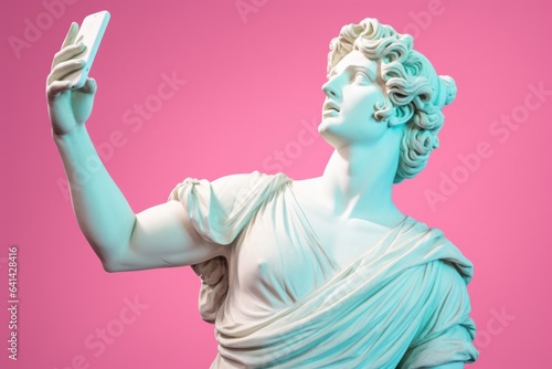 Antique greek sculpture with smartphone in hand on pink background.