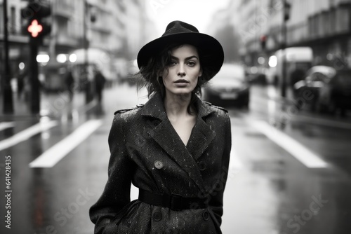 Black and white portrait of a cute stylish girl in a cape and hat on the background of a city wet street.