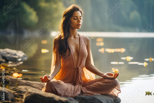 Young woman meditating and doing yoga practicing at sunrise by lake. 