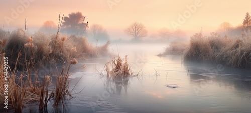 Small stream in a calm scenery of countryside with dried reeds and grasses. Sunsrise mood, pale pink fog over the fields, nature. Calm, meditative mood of early mornings in fall and winter. 