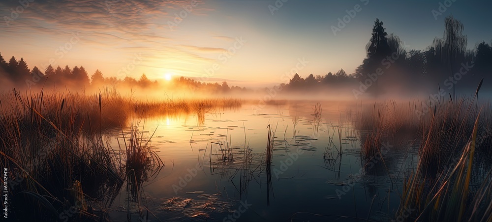 Small river, lake in a calm scenery of countryside with dried reeds and grasses. Sunrise mood, golden fog over the fields, nature. Calm, meditative mood of early mornings in fall and winter. Small river, lake in a calm scenery of countryside with dried reeds and grasses. Sunrise mood, golden fog over the fields, nature. Calm, meditative mood of early mornings in fall and winter.