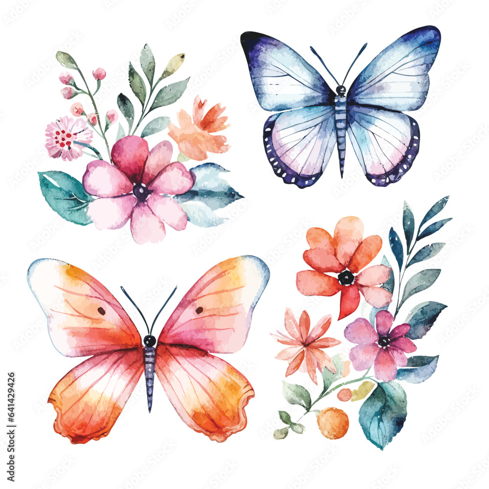 Vibrant Watercolor Butterflies: Colorful Set with White Backdrop