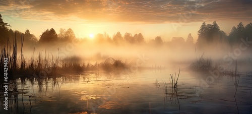 Small river, lake in a calm scenery of countryside with dried reeds and grasses. Sunrise mood, golden fog over the fields, nature. Calm, meditative mood of early mornings in fall and winter.