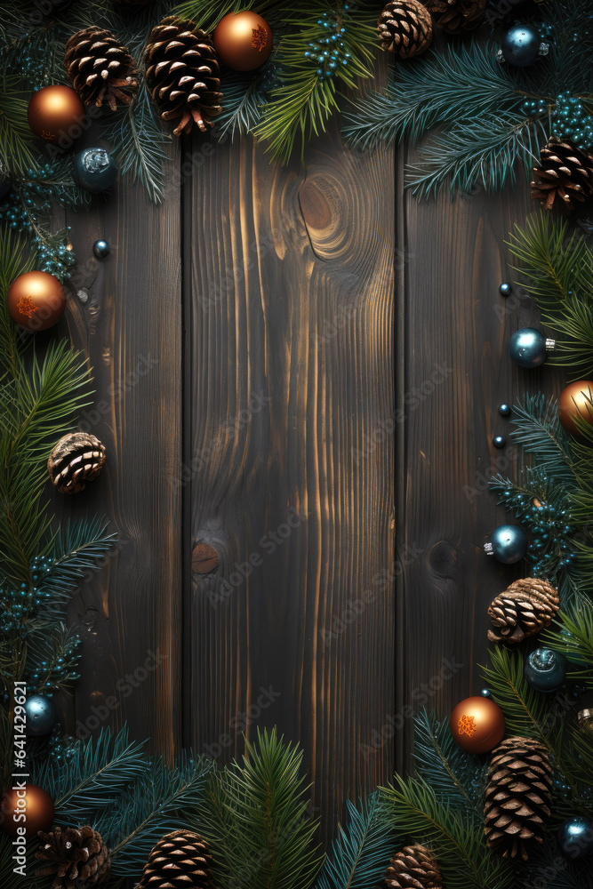 Christmas tree branch decorations on a wooden table.  - obrazy, fototapety, plakaty 