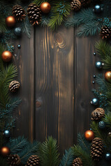Christmas tree branch decorations on a wooden table. 