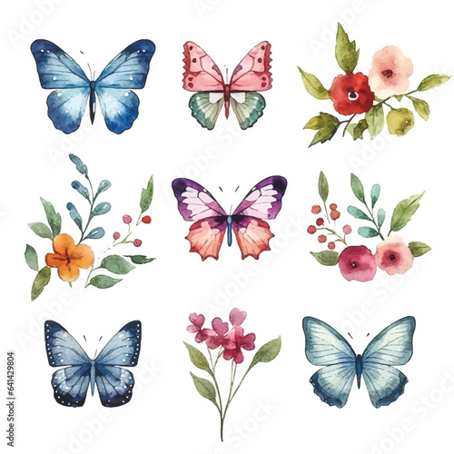 Vibrant Watercolor Butterflies: Colorful Set with White Backdrop