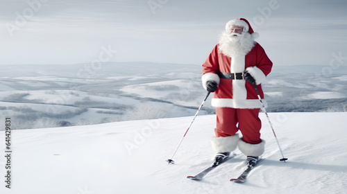 Santa Claus is skiing in the mountains at Christmas.