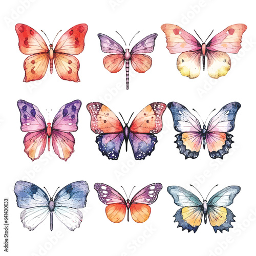 Vibrant Watercolor Butterflies: Colorful Set with White Backdrop © Finkha