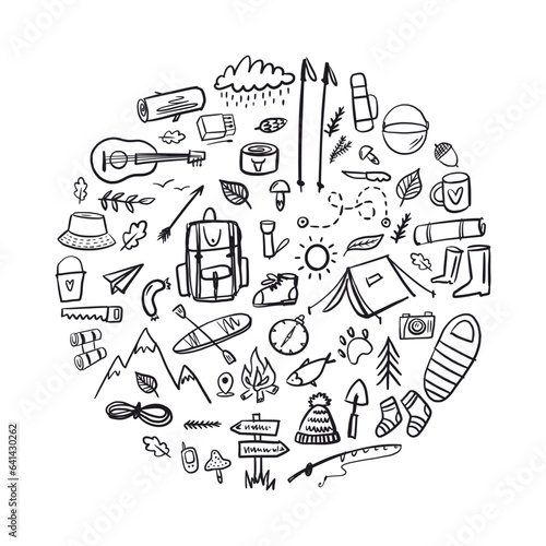 Vector round illustration from a collection of camping and hiking items in the doodle style.