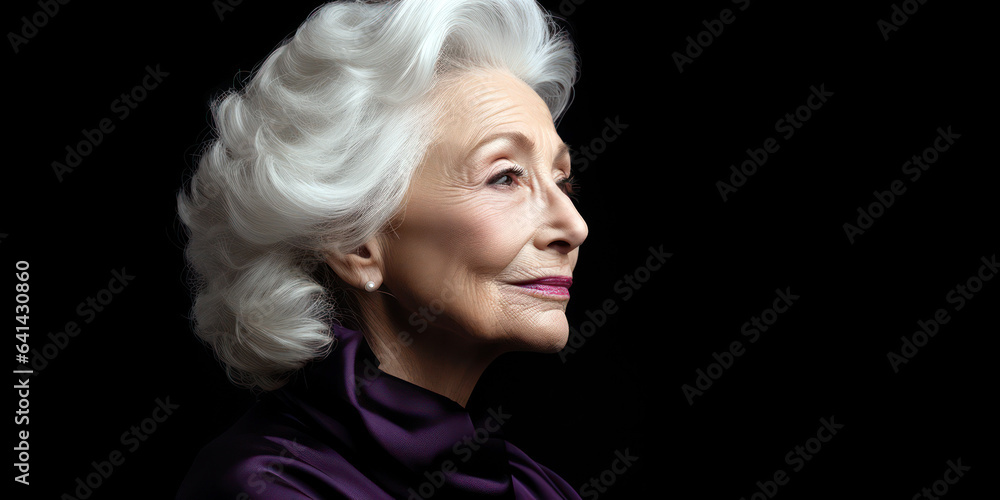 elderly woman's snow-white hair, exuding elegance and grace against a dark plum background, room for copyspace elderly woman's snow-white hair, exuding elegance and grace against a dark plum background, room for copyspace