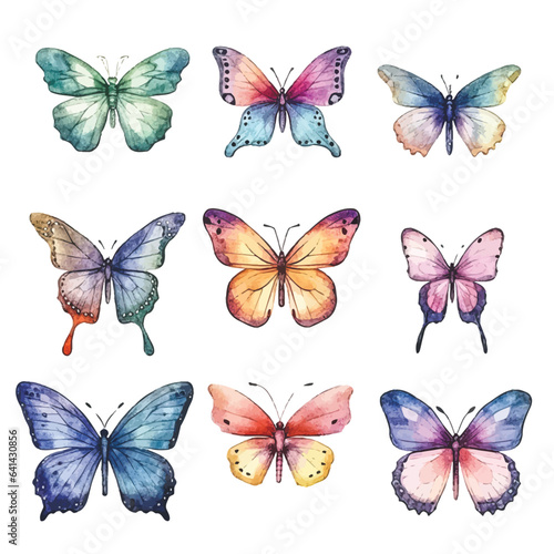 Butterfly Kaleidoscope  Watercolor Colorful Set on White Background