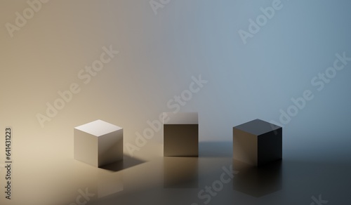 Abstract 3D cubes on a dark background. Modern horizontal background or banner with empty platforms. 3D rendering.