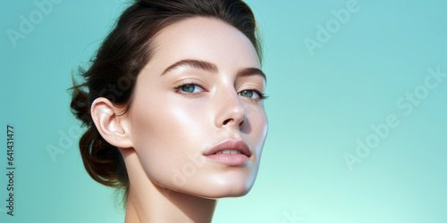 woman's high cheekbones and elegant nose, artfully highlighted against a seafoam green background with room for copyspace photo