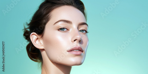 woman's high cheekbones and elegant nose, artfully highlighted against a seafoam green background with room for copyspace