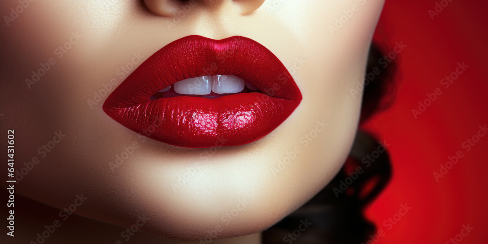 Obraz premium woman's glossy lips, capturing the perfect pout against a ruby red background