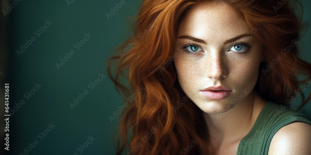 woman's captivating green eyes, contrasting beautifully with her auburn hair - obrazy, fototapety, plakaty 