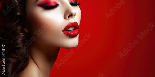 woman s glossy lips  capturing the perfect pout against a ruby red background  room for copyspace