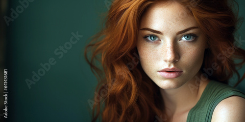 woman's captivating green eyes, contrasting beautifully with her auburn hair