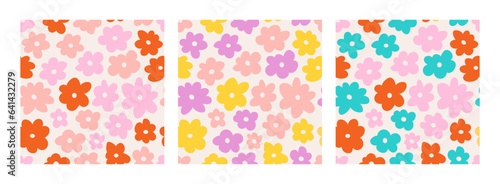 Seamless patterns with vintage vector groovy flowers. Modern elements. Stylized flower silhouettes on a light background. Surface design, textile, stationery, wrapping paper, and covers