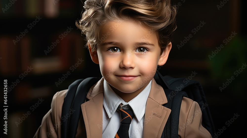 Happy little student boyl in smart clothes with a backpack on his shoulder goes to school. Generative AI Happy little student boyl in smart clothes with a backpack on his shoulder goes to school. Generative AI