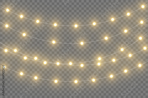 Christmas lights set. Vector New Year decorates garland with glowing light bulbs