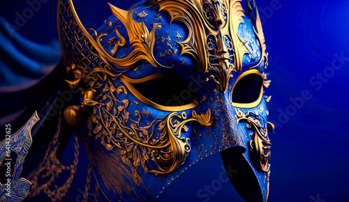 Close up of blue and gold mask on dark blue background. Generative AI