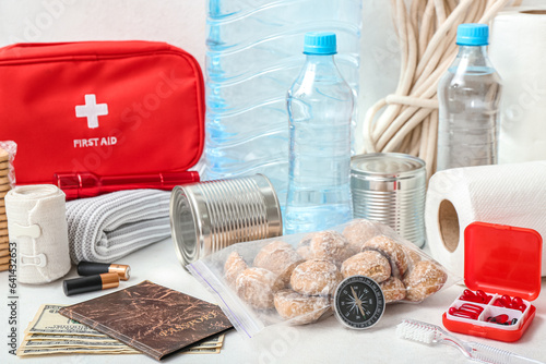 Necessities for emergency bag on white table © Pixel-Shot