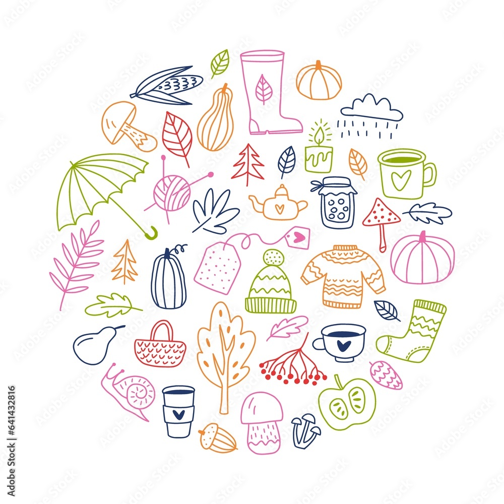 Round illustration of autumn elements and objects drawn by hand in the style of doodles. Round illustration of autumn elements and objects drawn by hand in the style of doodles.