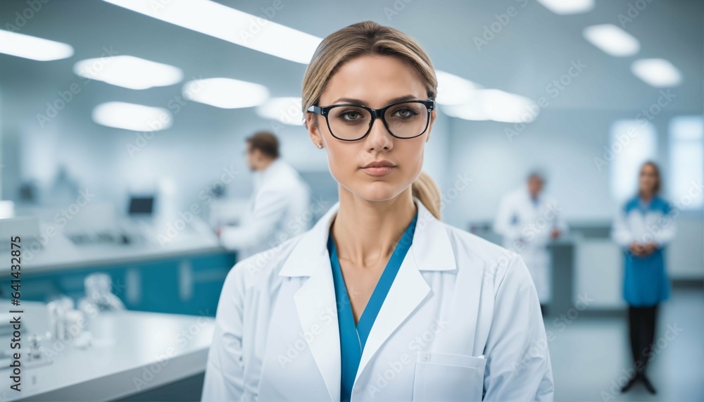 Modern laboratory with team of medical specialists and beautiful young woman scientist in white coat and glasses copyspace Modern laboratory with team of medical specialists and beautiful young woman scientist in white coat and glasses copyspace