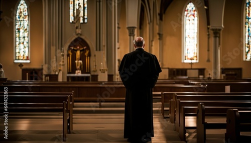 Faithful priest praying in catholic church, devoted prayer photo