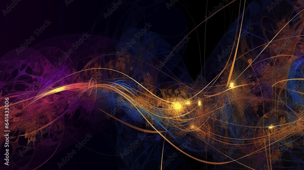 Abstract illustration gold, purple and blue colors waves, drawn wallpaper with fractals